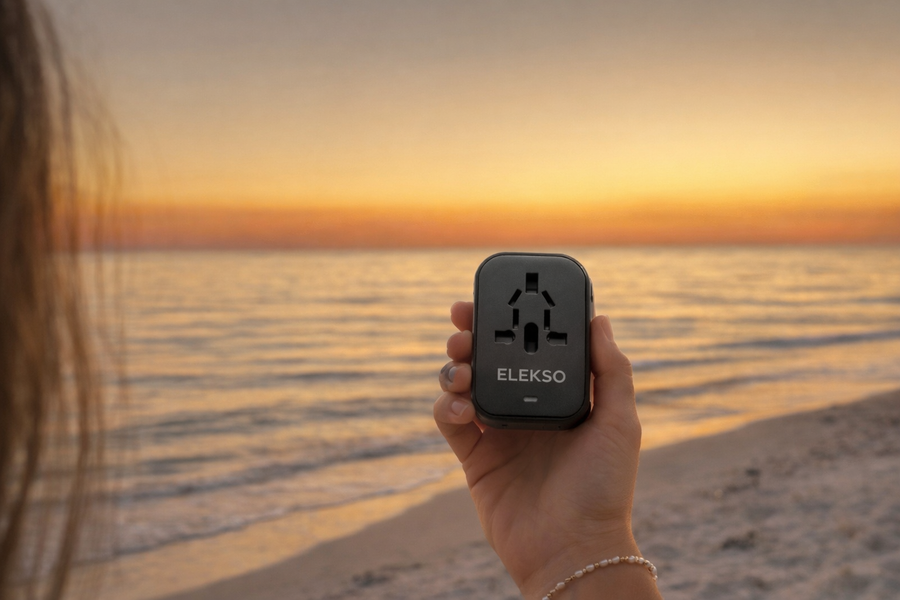 Een hand houdt de zwarte Elekso wereldstekker omhoog bij zonsondergang aan zee